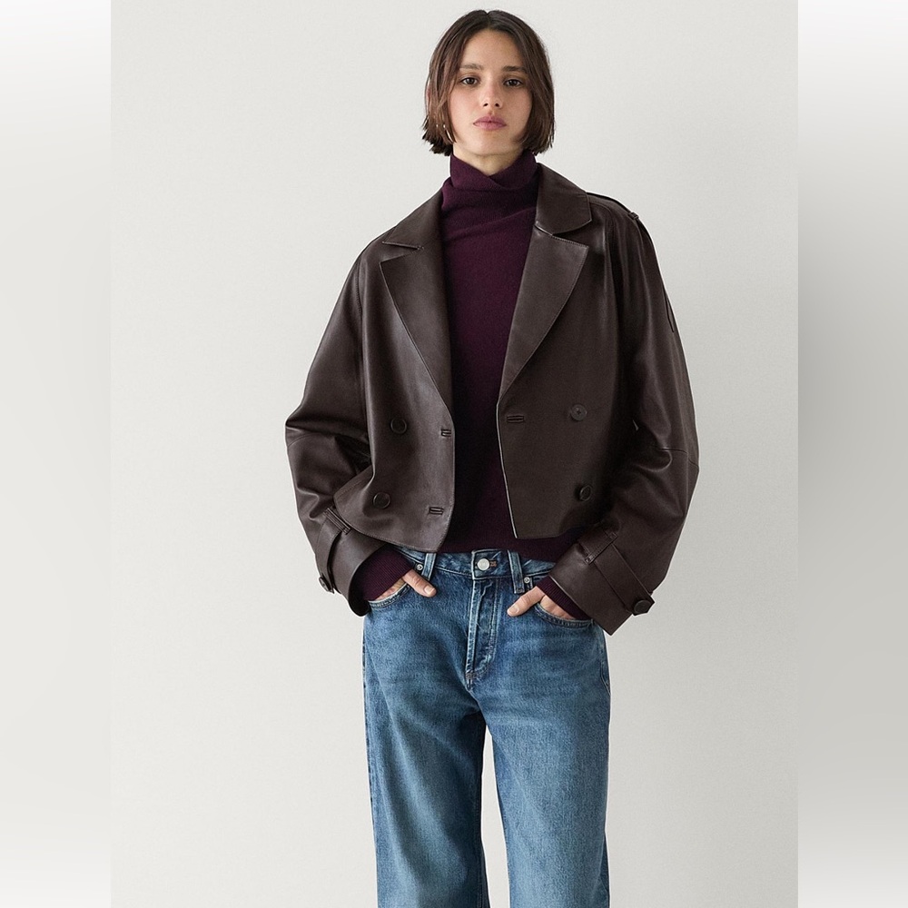 NWT Massimo Dutti Cropped Nappa Leather Trench Jacket in Brown - M